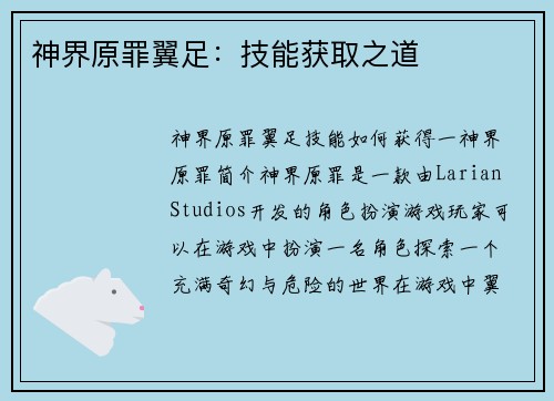 神界原罪翼足：技能获取之道